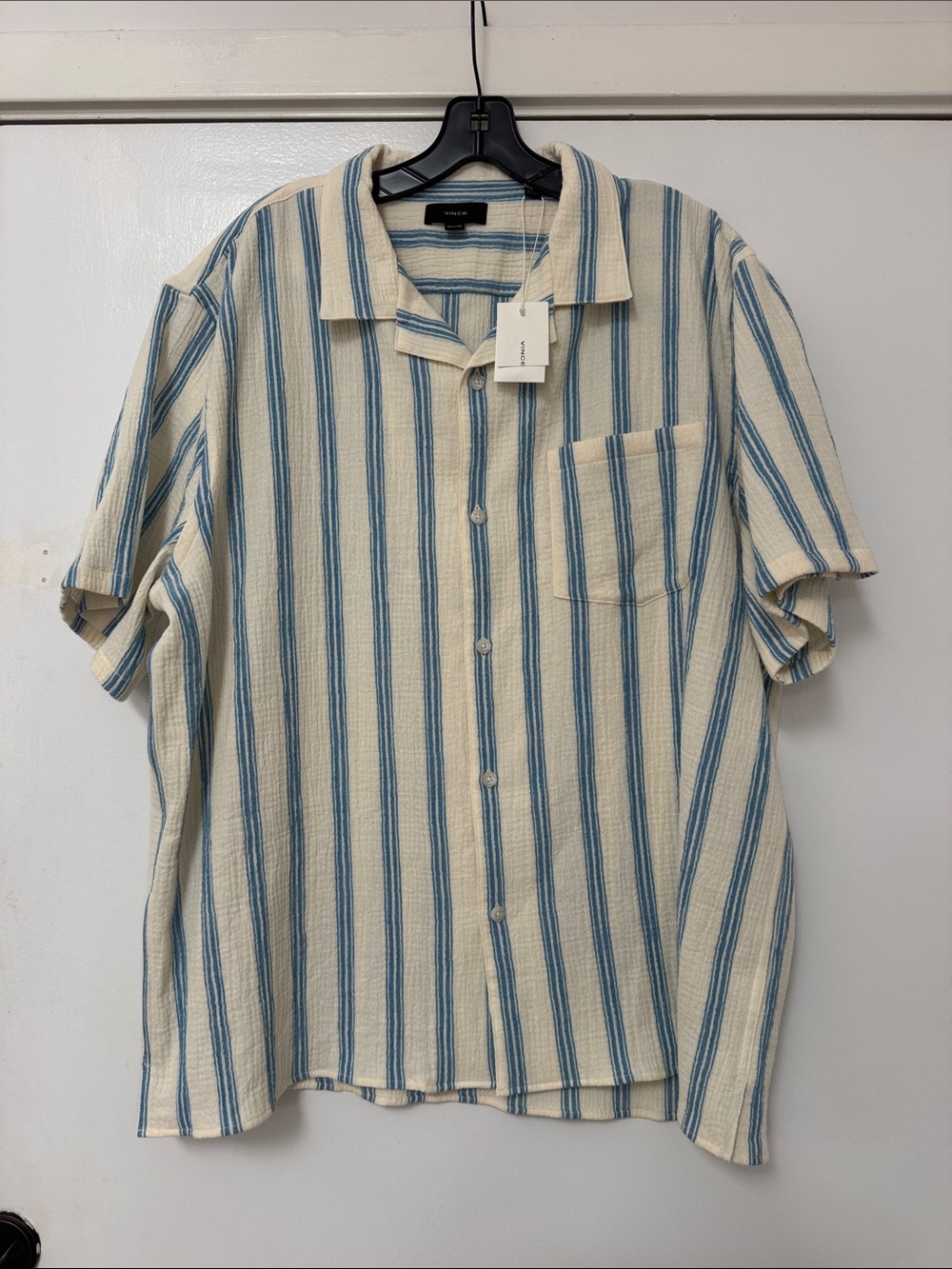 Vince Cream Button-Down Shirt with Blue Stripes